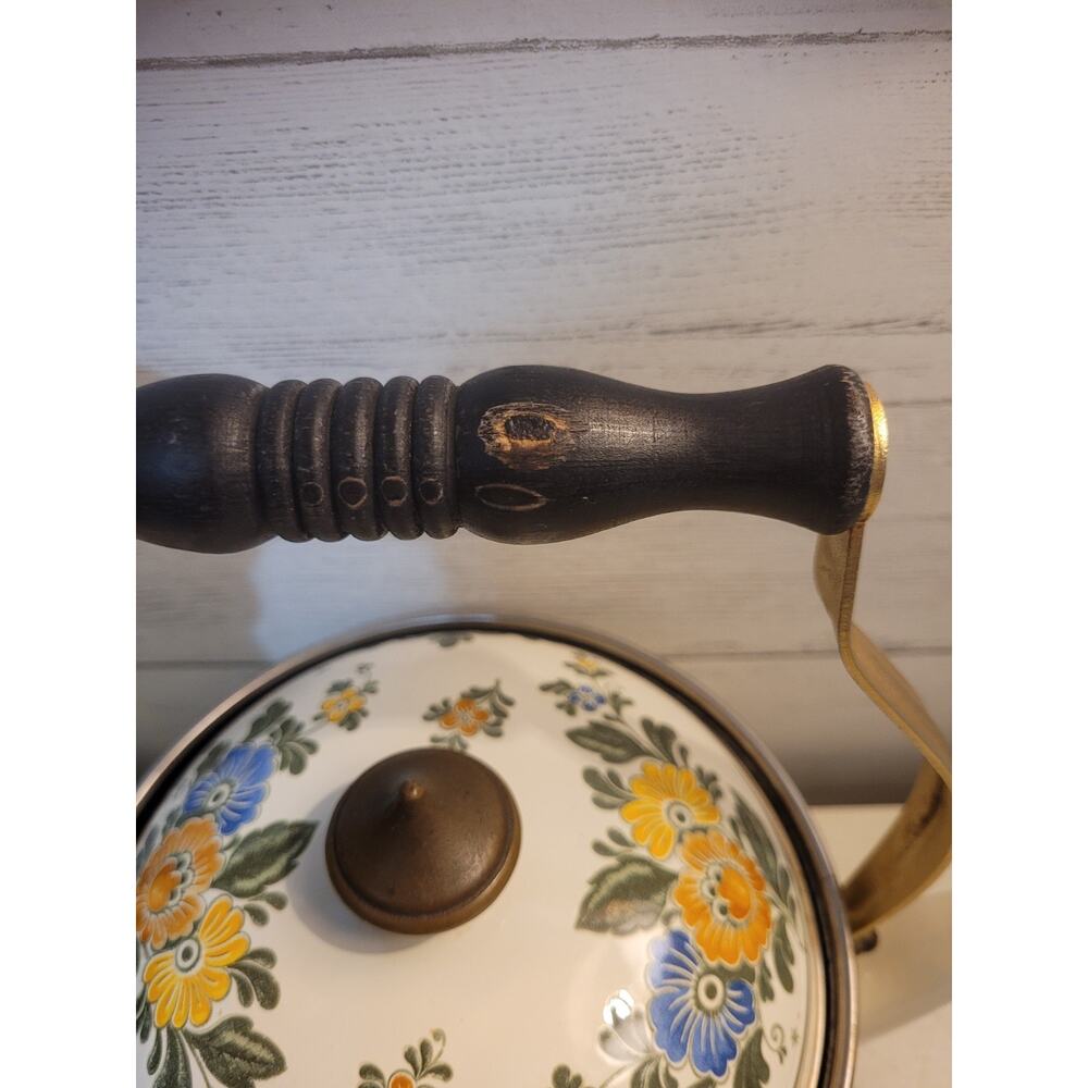 VTG 1960’s ASTA Enamelware Tea Kettle Teapot Brass Handles Floral West Germany - Picture 4 of 11